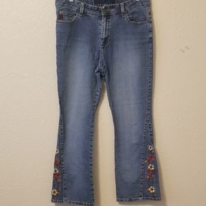 Blue Jeans with Stitched Flowers on Legs